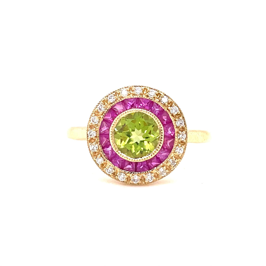 used 18ct Yellow Gold Diamond, Peridot and Ruby Target Cluster Ring