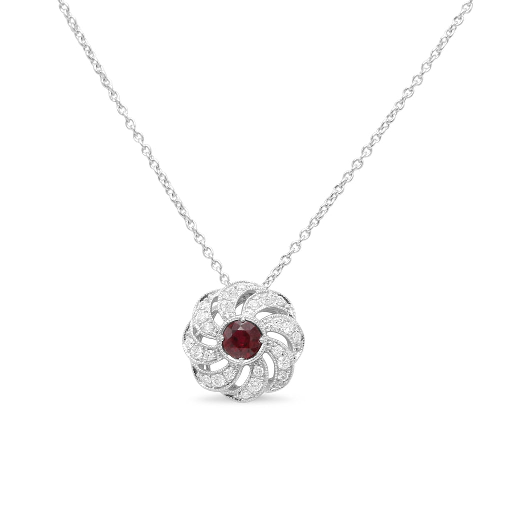 used 18ct White Gold Diamond & Ruby Swirl Pendant Necklace 17"