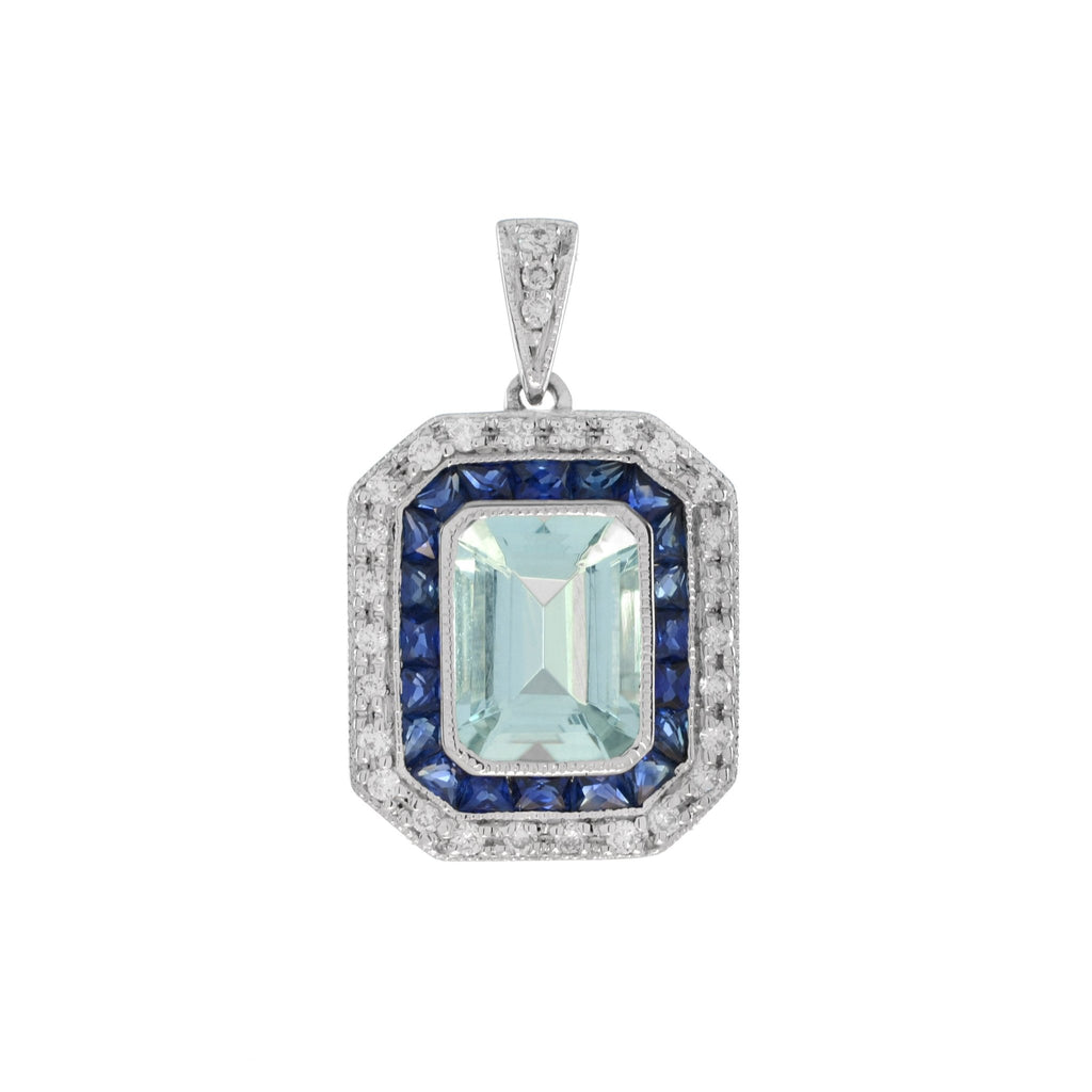 used 18ct White Gold Diamond, Sapphire & Aquamarine Pendant Necklace 17"