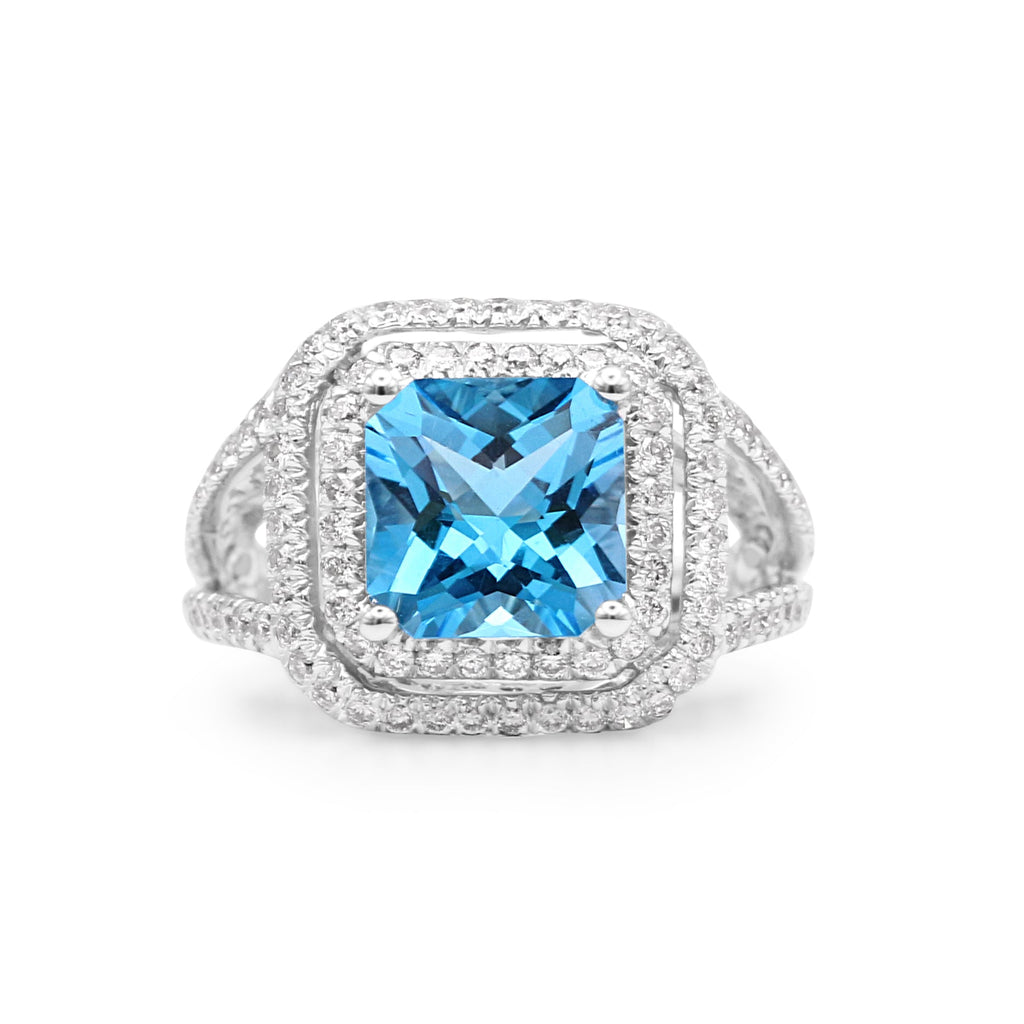 used Blue Topaz & Diamond Cluster Ring, Diamond Shoulders - 18ct White Gold