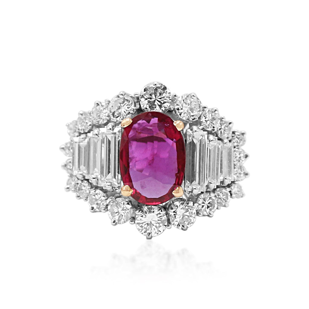 used Oval Ruby Ring With Baguette & Brilliant Cut Diamond Surround