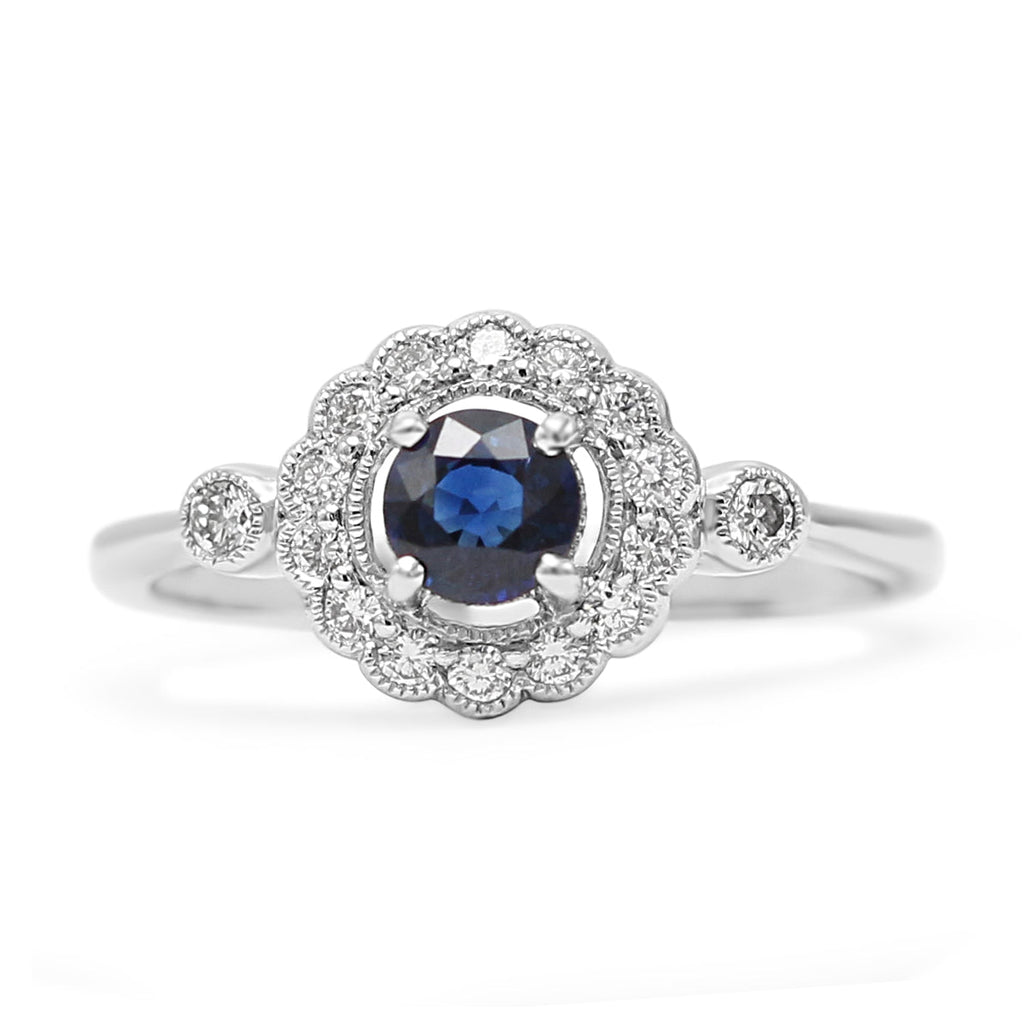 used Platinum Diamond & Sapphire Cluster Ring With Diamond Shoulders
