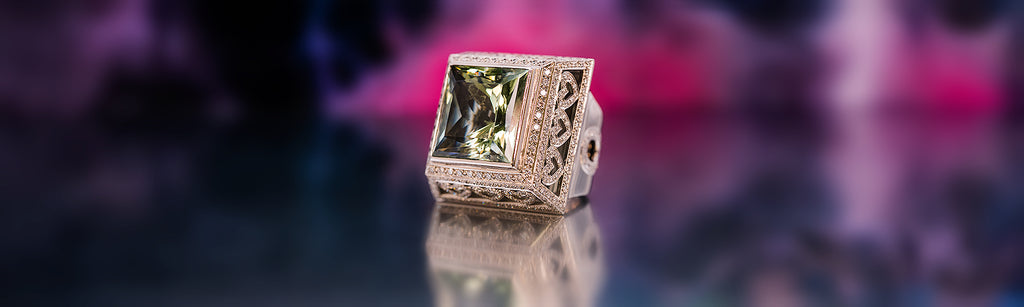Theo Fennell Green Beryl & Diamond "Trellis" Ring, colourful background