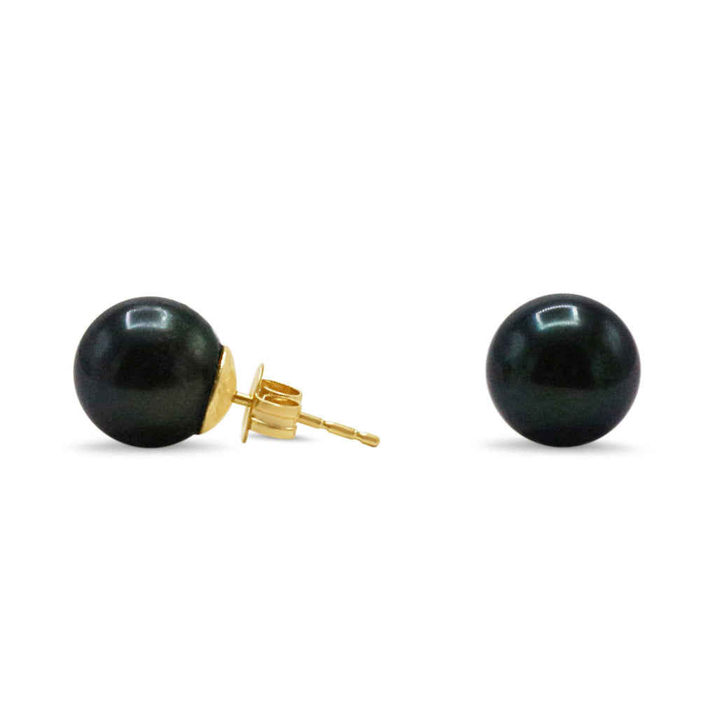 used 8-8.5mm Black Akoya Cultured Pearl Earstuds - 18ct Yellow Gold