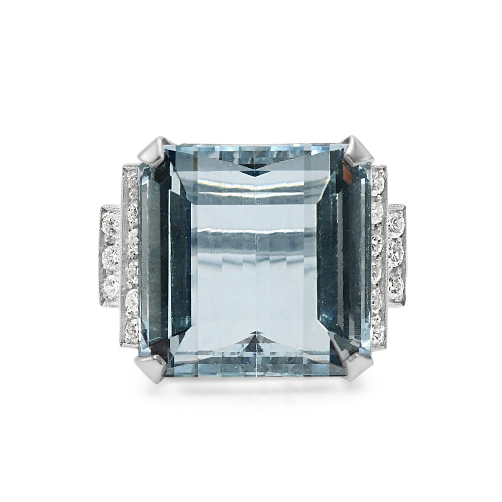 used Aquamarine Cocktail Ring, Brilliant Cut Diamond 2 Row Shoulders