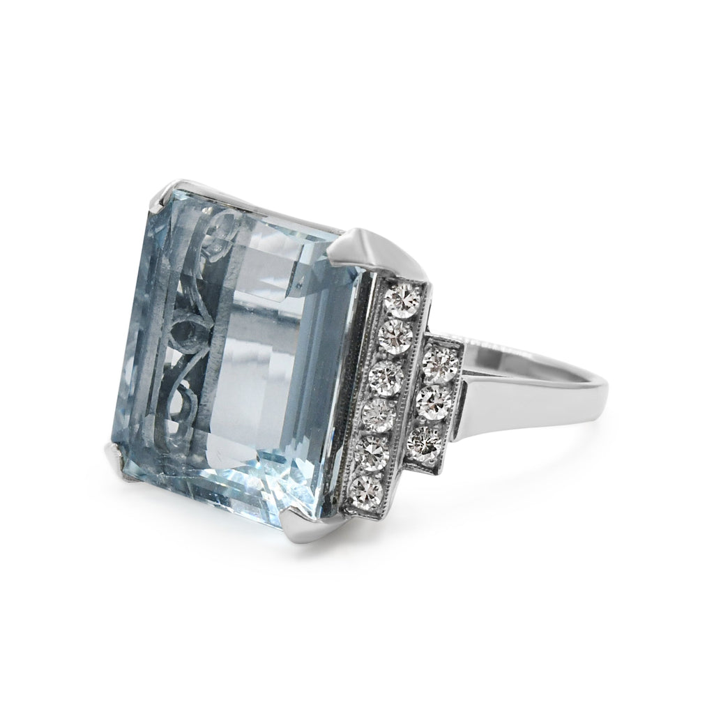 used Aquamarine Cocktail Ring, Brilliant Cut Diamond 2 Row Shoulders