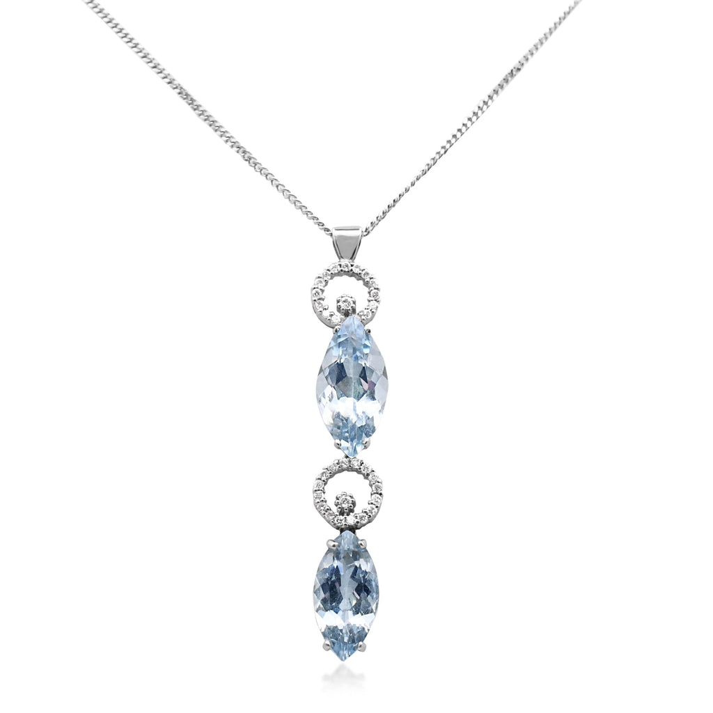 used Aquamarine & Diamond Drop Pendant On 18" Necklace - 18ct White Gold