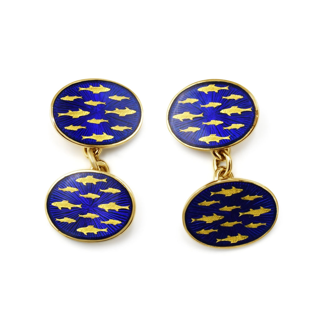 used Blue Enameled Oval Fish Cufflinks By Longmire - 18ct Yellow Gold