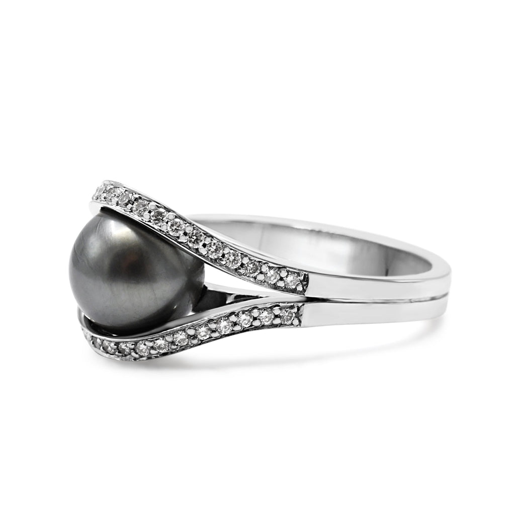 used Boodles 10mm Tahitian Pearl & Diamond Ring - 18ct White Gold