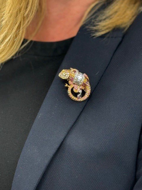 used Boucheron Diamond, Pink Sapphire & Yellow Sapphire Chameleon Brooch