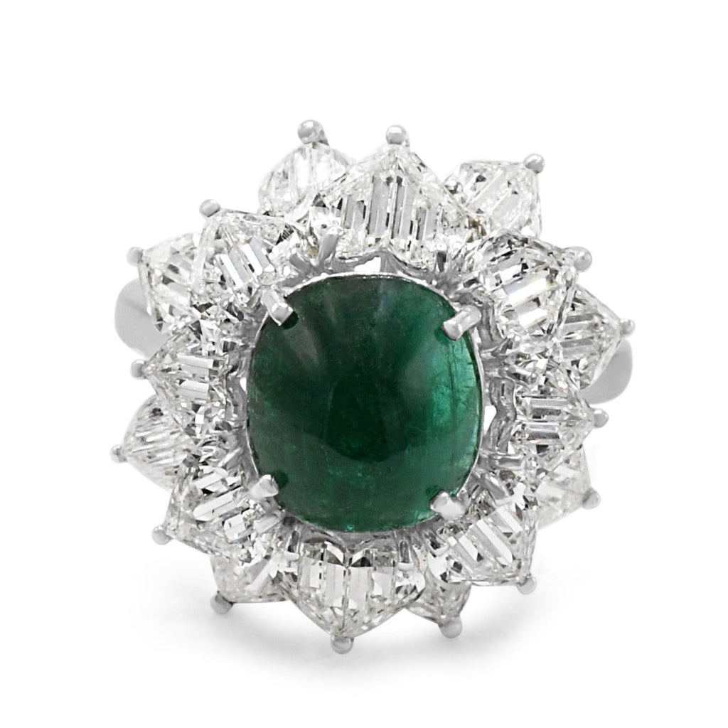 used Cabachon Emerald & Faceted Heart Shaped Diamond Cluster Ring