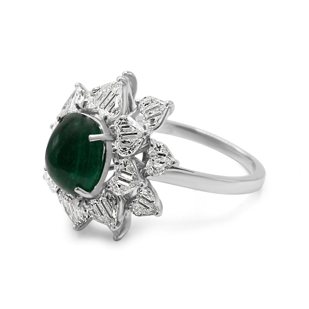 used Cabachon Emerald & Faceted Heart Shaped Diamond Cluster Ring