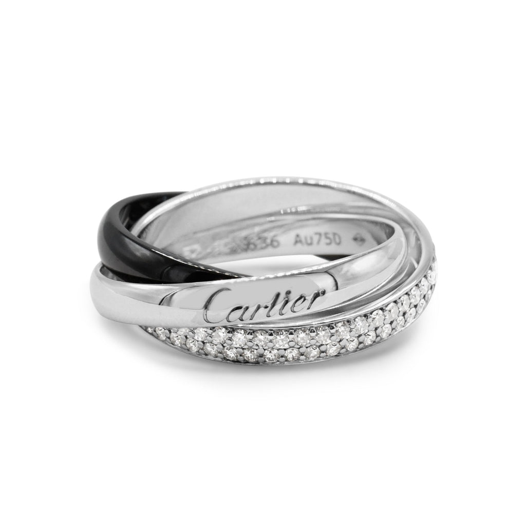 used Cartier Trinity Ring, Diamond & Black Ceramic Size 52 - 18ct White Gold