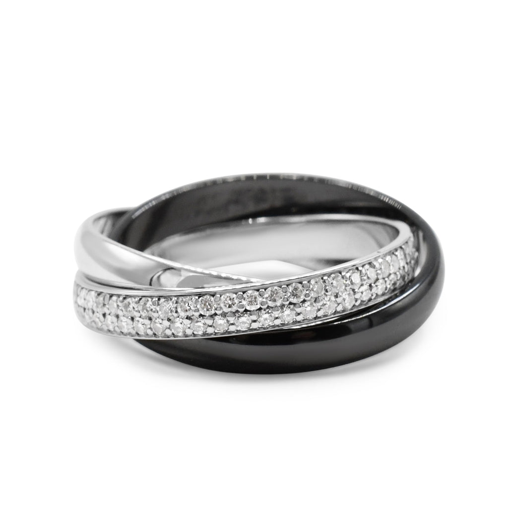 used Cartier Trinity Ring, Diamond & Black Ceramic Size 52 - 18ct White Gold