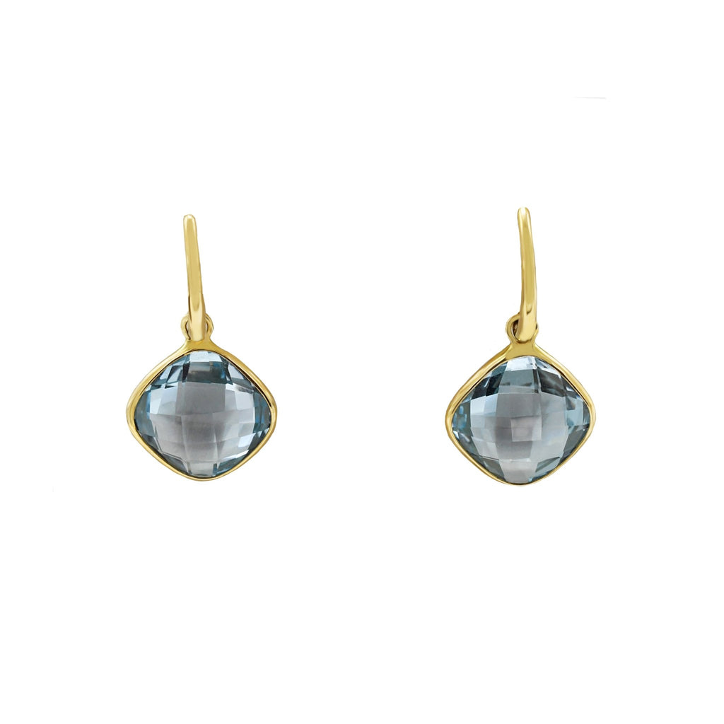 used Faceted Cushion Shaped Blue Topaz Drop Earrings - 18ct Yellow Gold