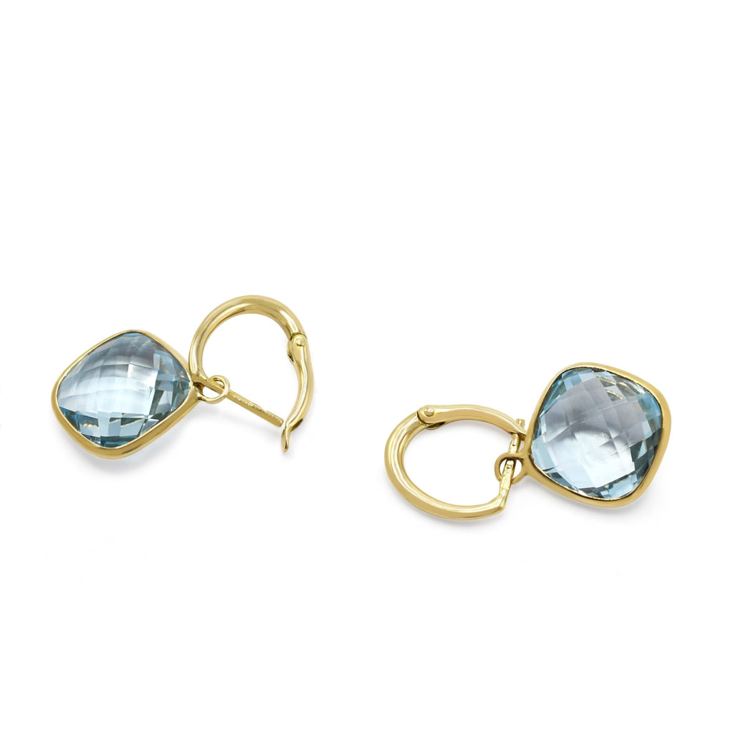 used Faceted Cushion Shaped Blue Topaz Drop Earrings - 18ct Yellow Gold