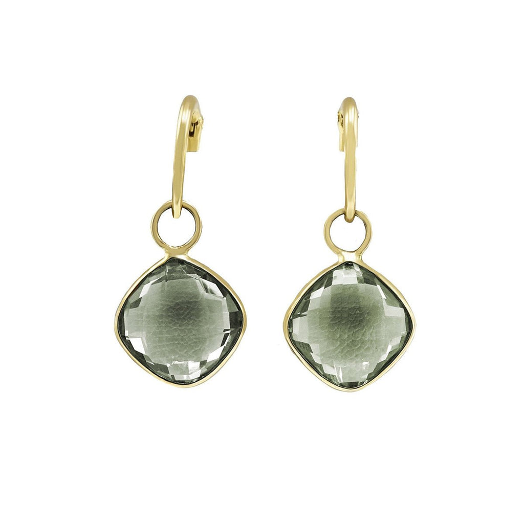 used Faceted Cushion Shaped Green Amethyst Drop Earrings - 18ct Yellow Gold