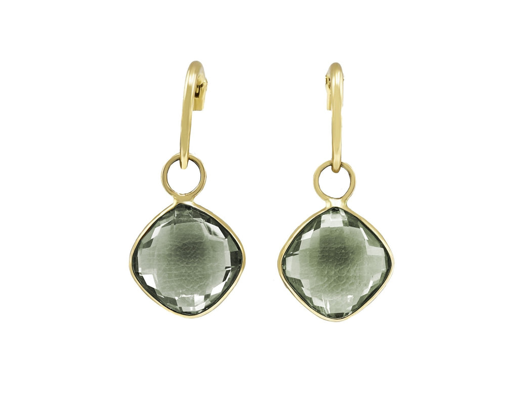 used Faceted Cushion Shaped Green Amethyst Drop Earrings - 18ct Yellow Gold