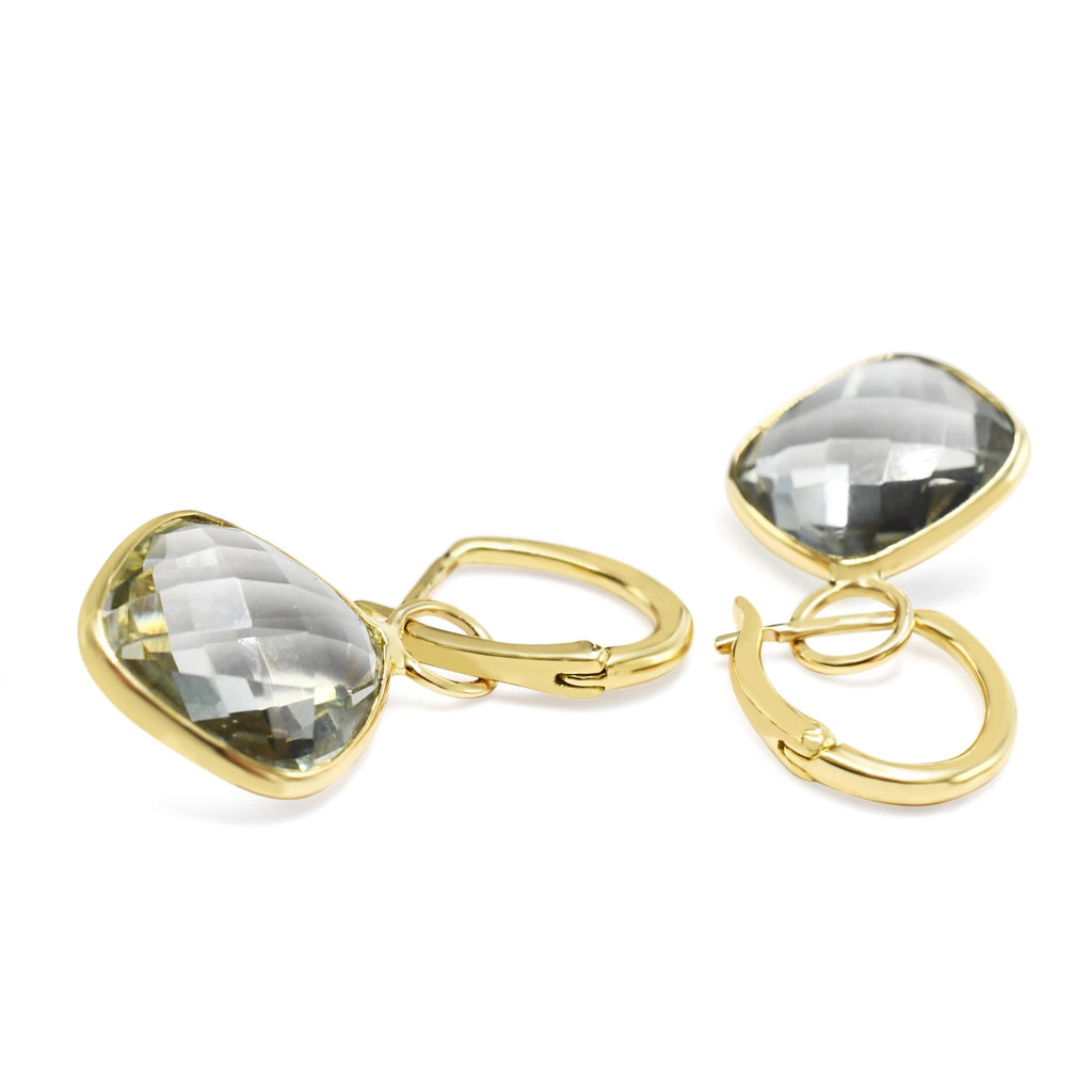 used Faceted Cushion Shaped Green Amethyst Drop Earrings - 18ct Yellow Gold