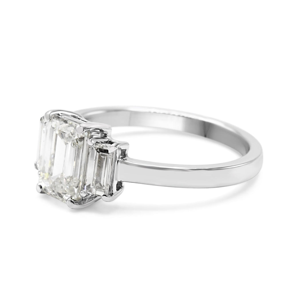 used GIA Certificated 3 Stone Emerald Cut Diamond Ring - 18ct White Gold