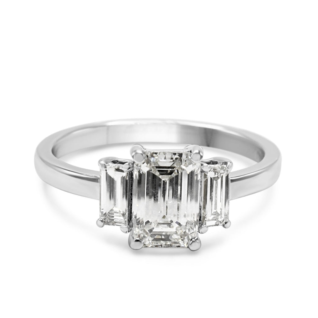 used GIA Certificated 3 Stone Emerald Cut Diamond Ring - 18ct White Gold