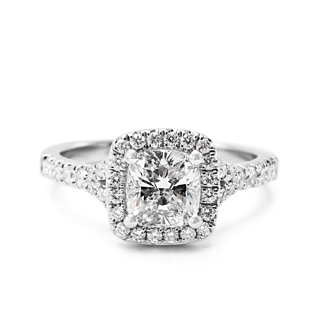 used GIA Certificated Cushion Cut Halo Set Diamond Ring - Platinum