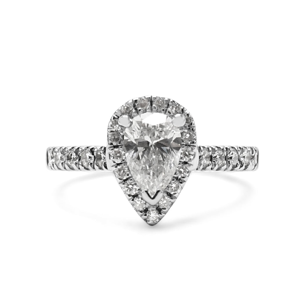 used GIA Certificated Pear Cut Solitaire Diamond Halo Ring - Platinum