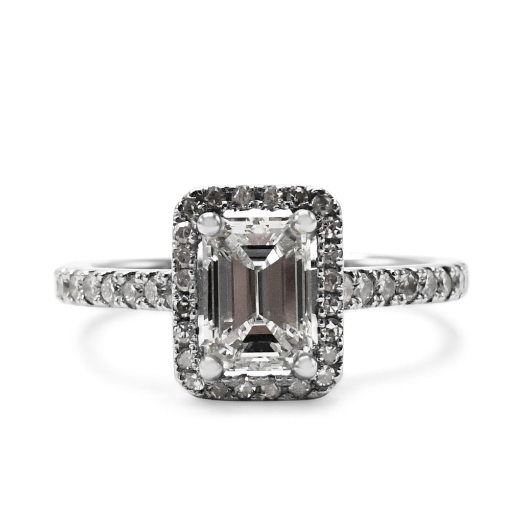 used GIA Certificated Solitaire Emerald Cut Diamond Halo Ring - Platinum