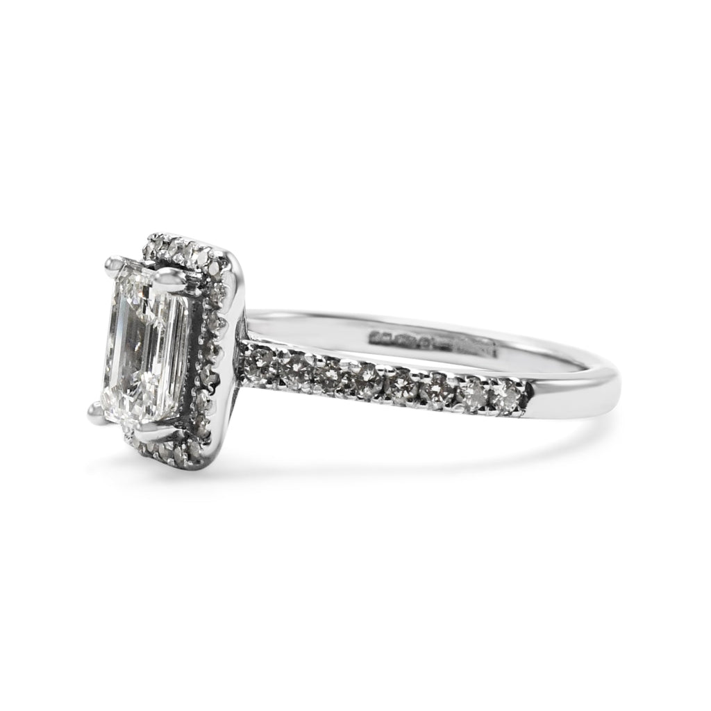 used GIA Certificated Solitaire Emerald Cut Diamond Halo Ring - Platinum