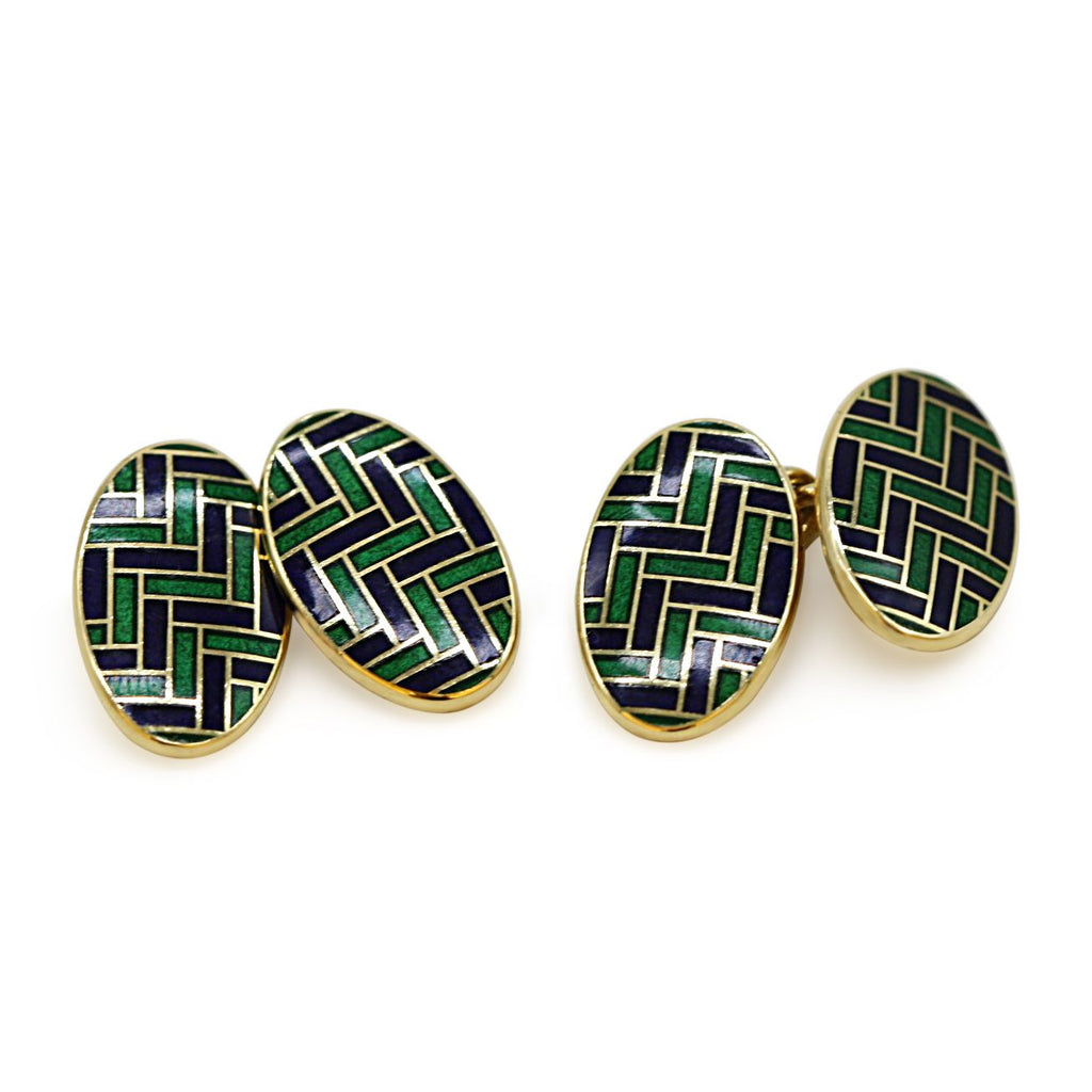 used Green & Blue Enamel Oval Chain link Cufflinks - 18ct Yellow Gold