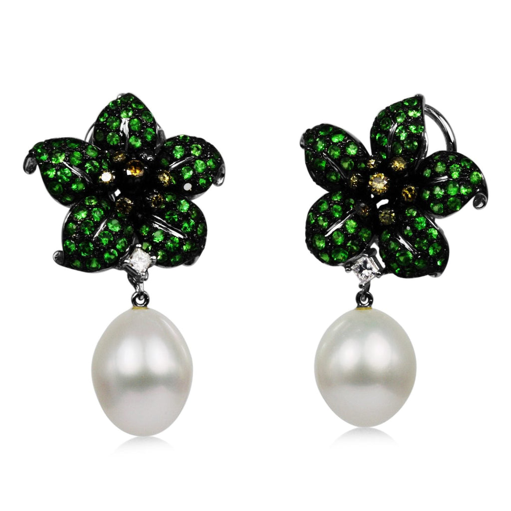 used Green Garnet, Champagne, White Diamonds & Cultured Pearl Drop Earrings