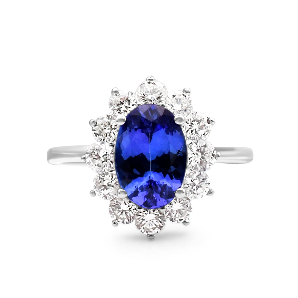 used Oval Tanzanite And Diamond Cluster Ring, Diamond Shoulders