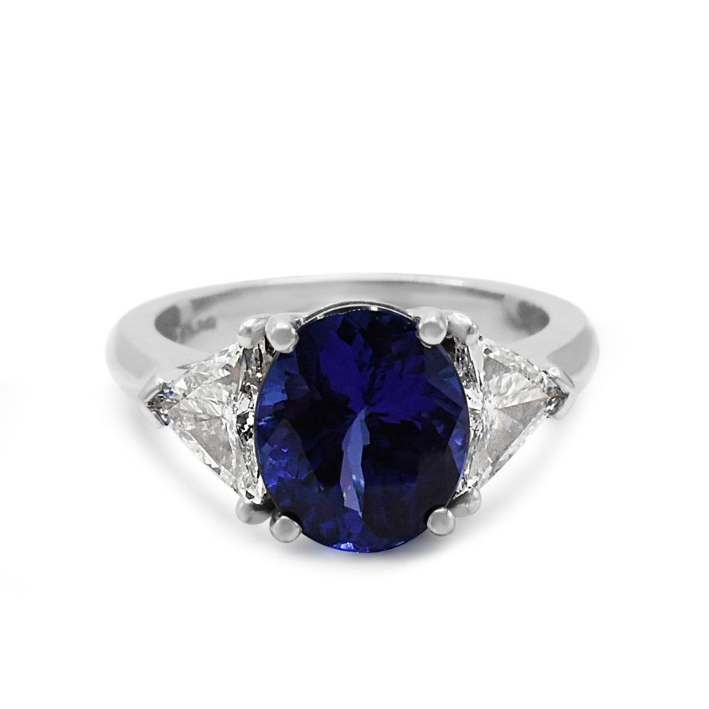 used Oval Tanzanite & Trilliant Diamond 3 Stone Ring - 18ct White Gold