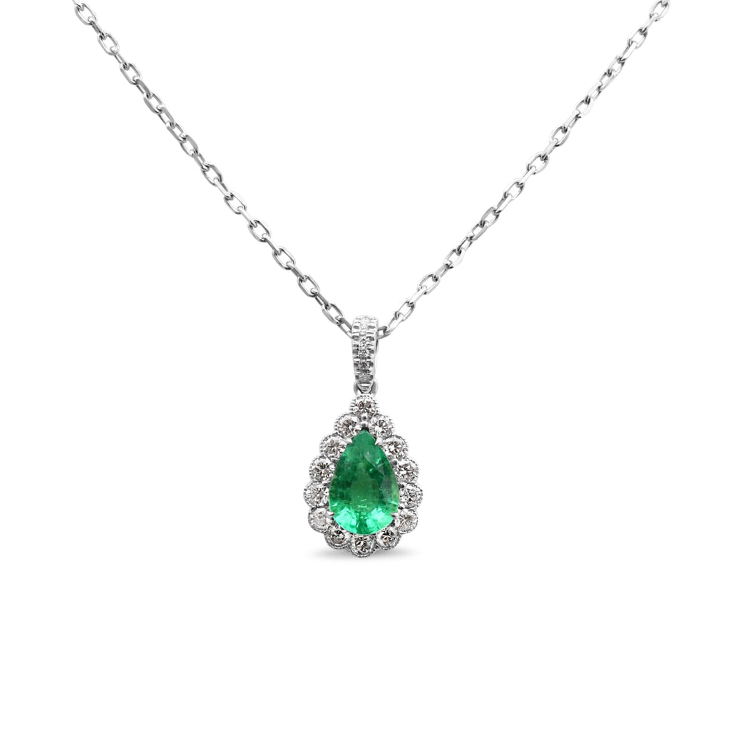 used Pear Shaped Emerald And Diamond Pendant On 16" Necklace