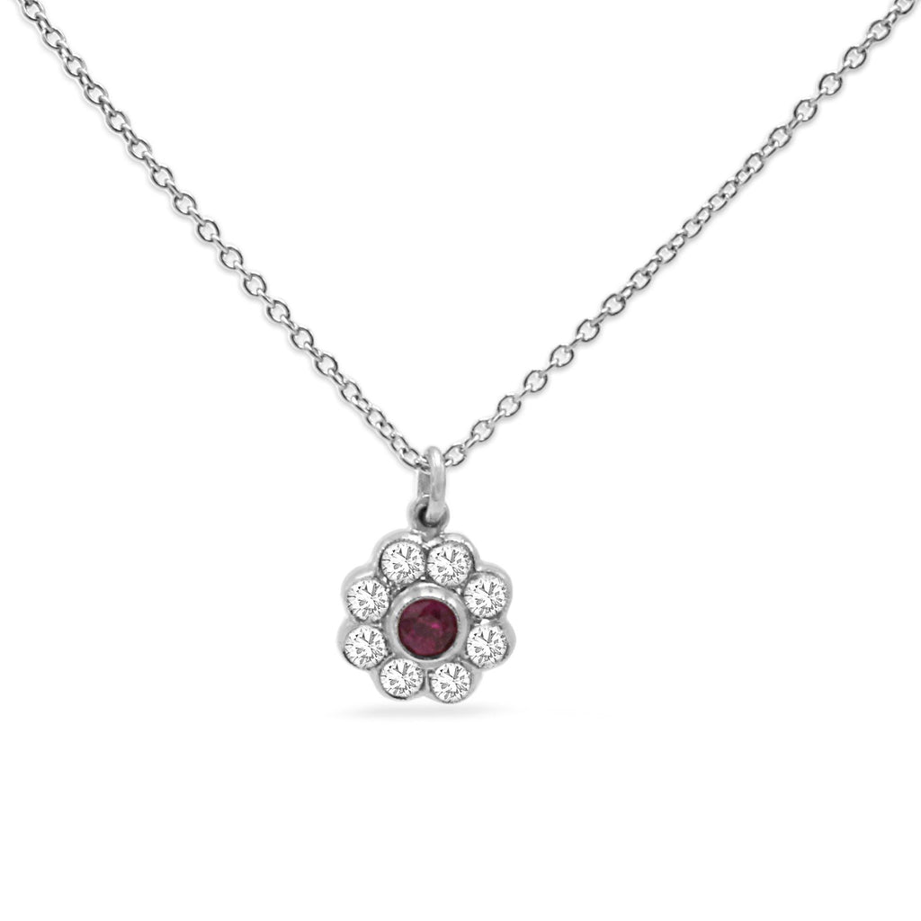 used Platinum Diamond & Ruby Daisy Cluster Pendant On Chain