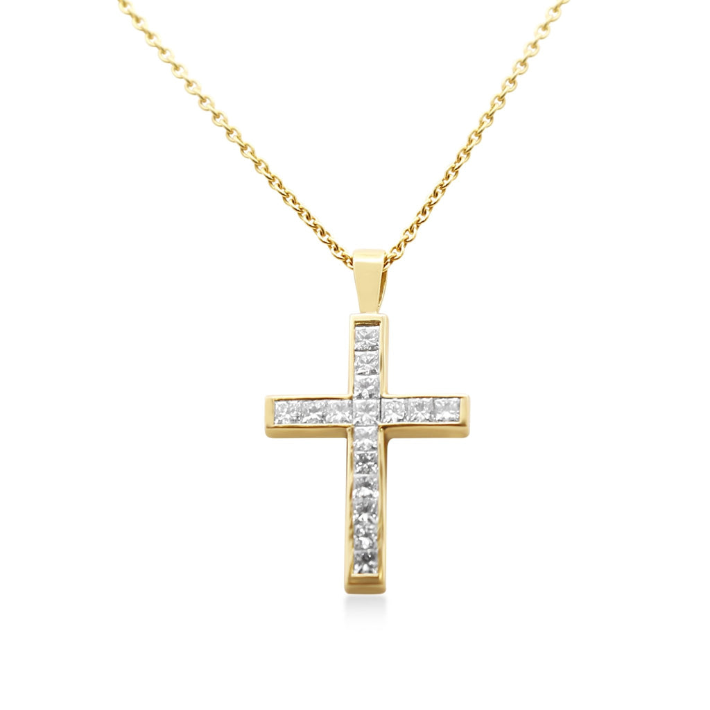 used Princess Cut Diamond Cross Pendant On 16" Necklace - 18ct Yellow Gold