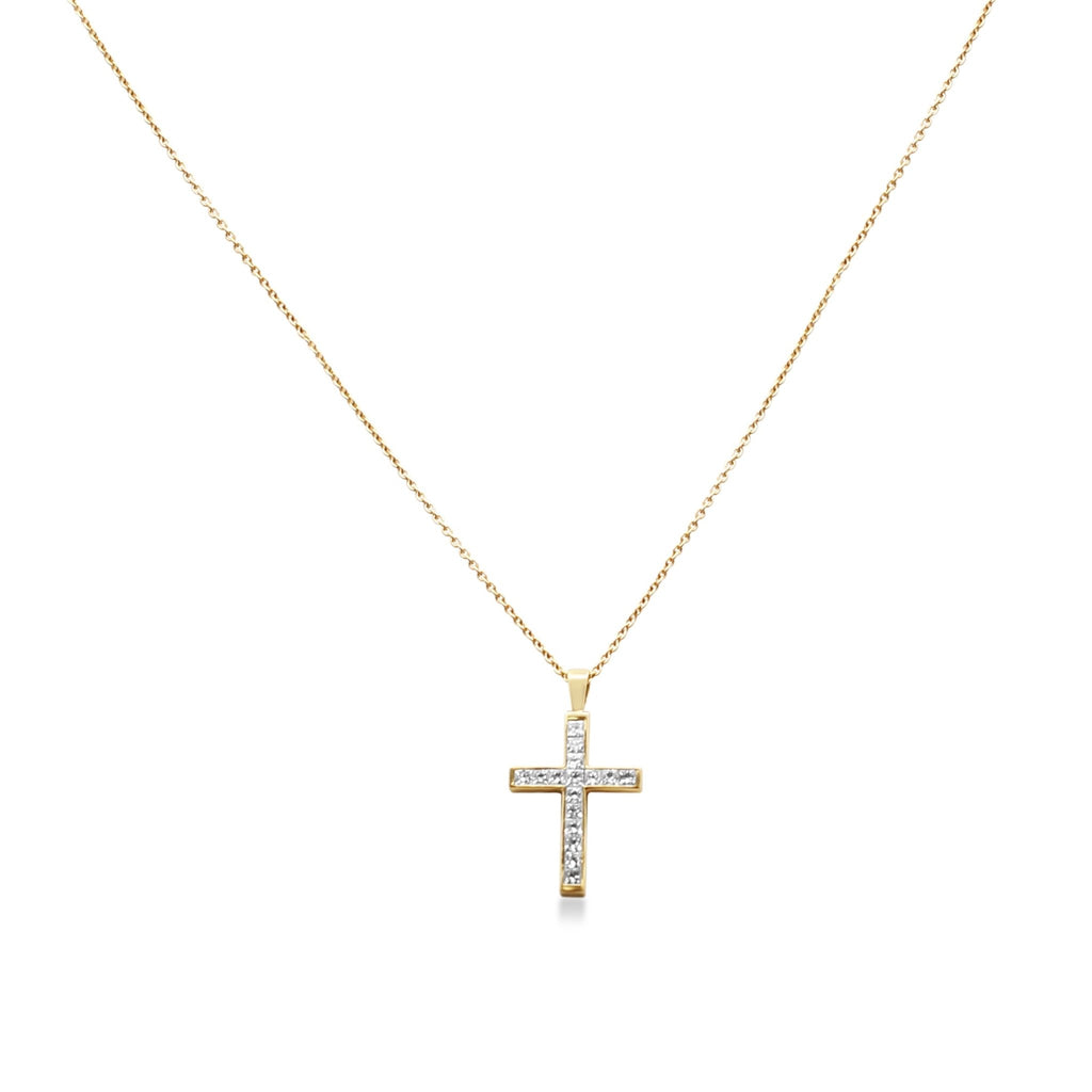 used Princess Cut Diamond Cross Pendant On 16" Necklace - 18ct Yellow Gold
