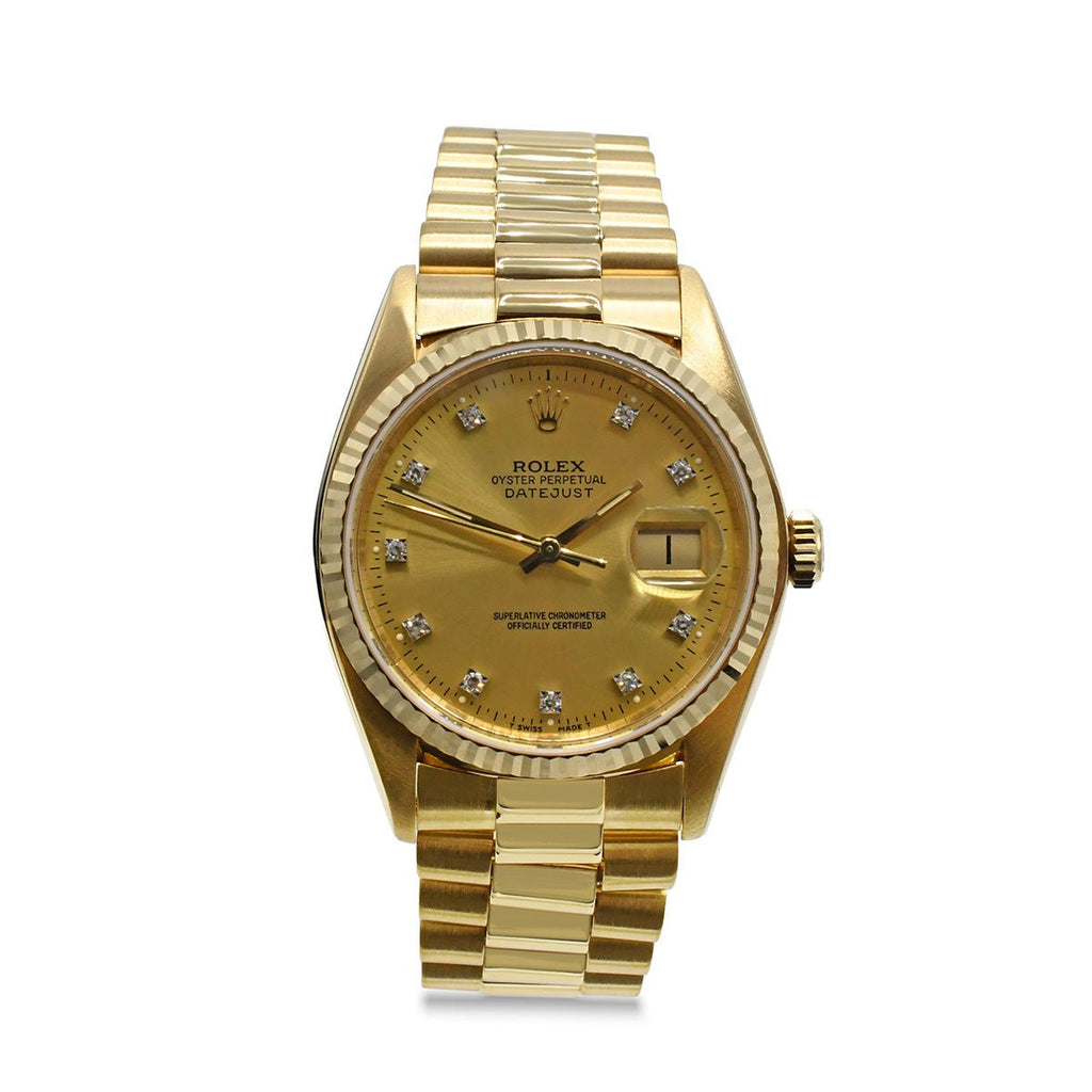 used Rolex Datejust 36mm Watch, Diamond Dial, 18ct Yellow Gold - Ref 16018