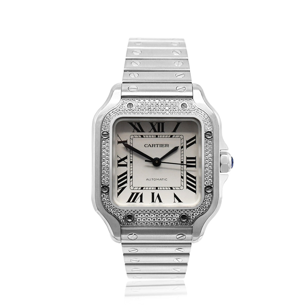 used Santos de Cartier Medium Model Automatic Steel Diamond Watch