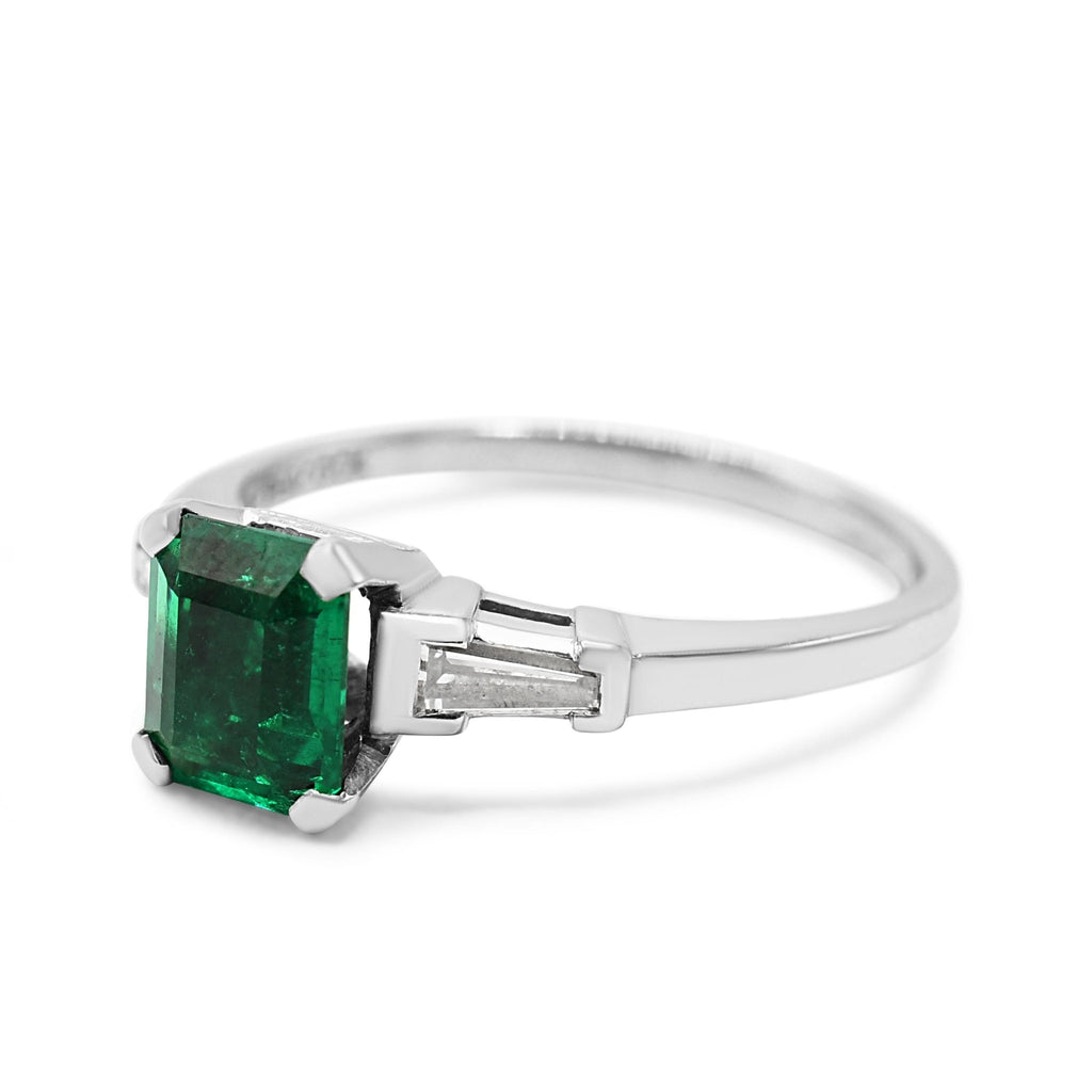 used Solitaire Emerald Ring, Tapered Baguette Diamond Shoulders