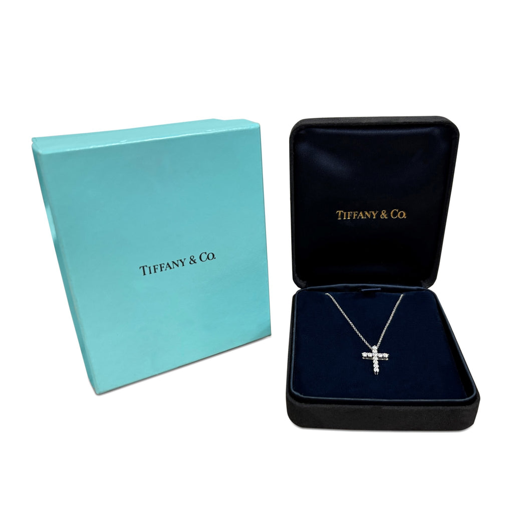 used Tiffany Diamond Cross Pendant, Small, On 16" Necklace - Platinum