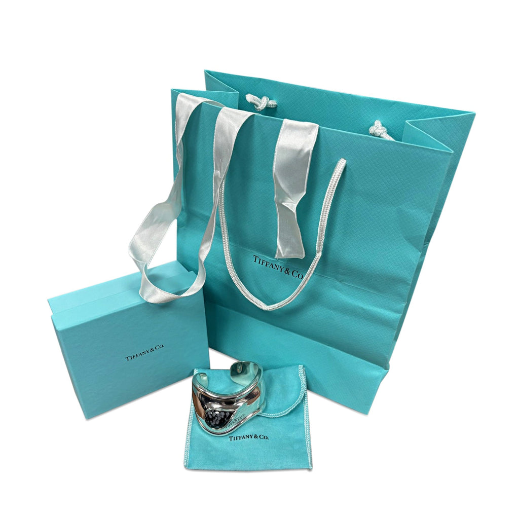 used Tiffany Elsa Peretti Small Bone Cuff - Silver with Snowflake Obsidian