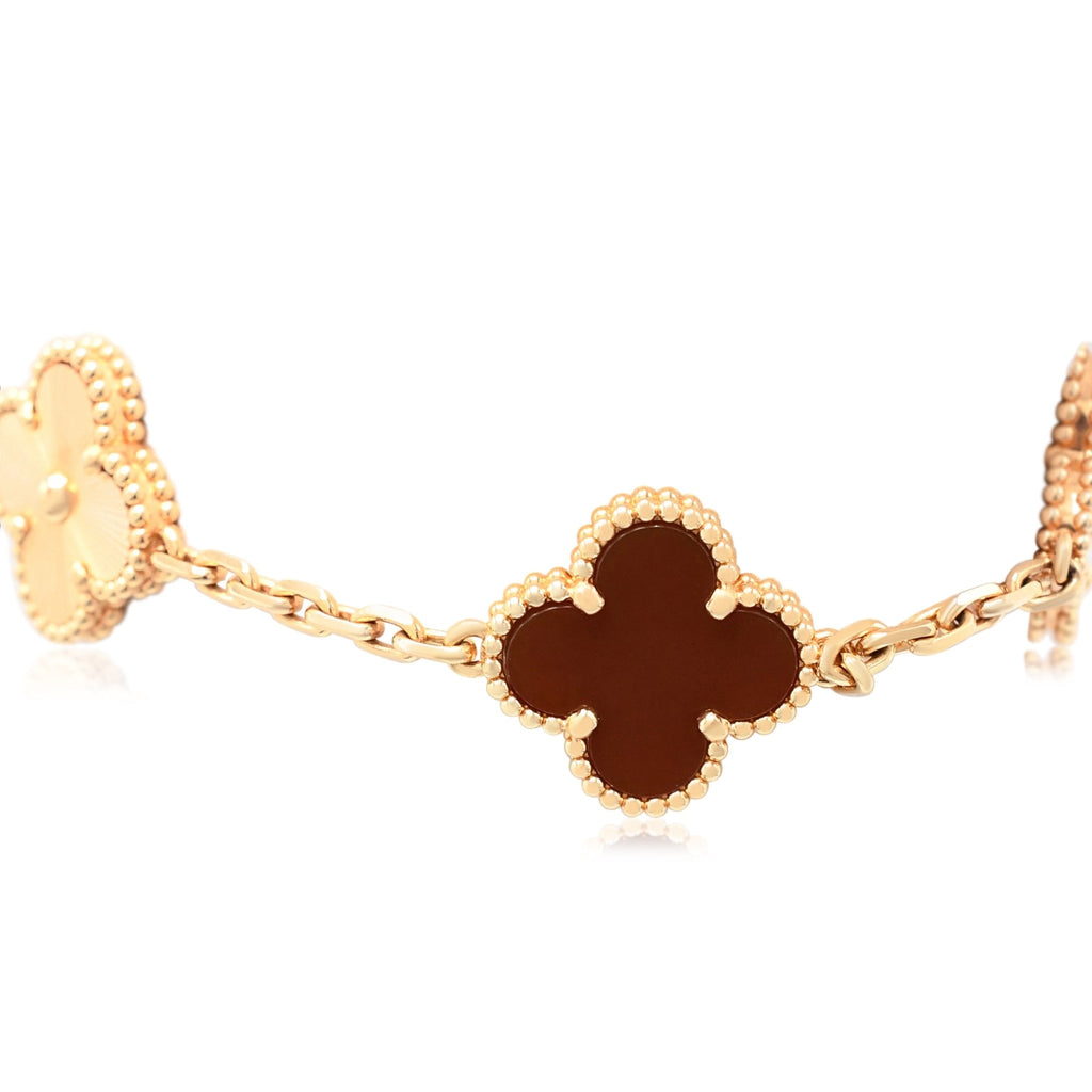 used Van Cleef & Arpels Vintage Alhambra bracelet, 5 motif Guilloché & Carnelian - 18ct Rose Gold