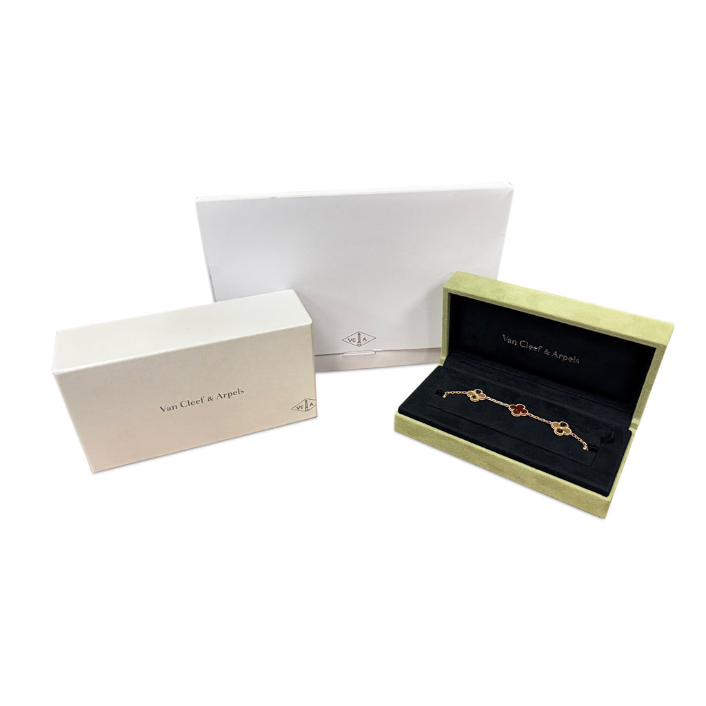 used Van Cleef & Arpels Vintage Alhambra bracelet, 5 motif Guilloché & Carnelian - 18ct Rose Gold