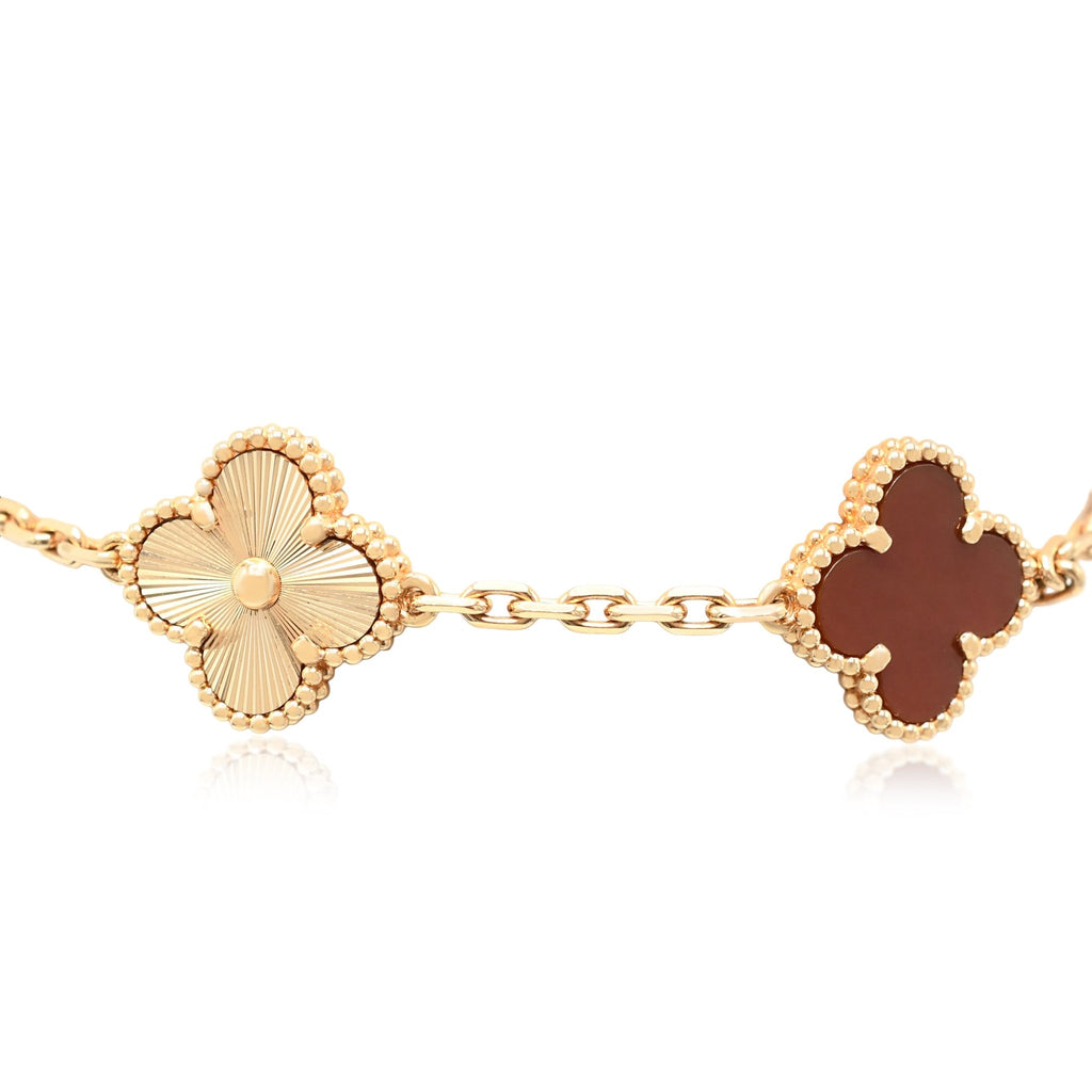 used Van Cleef & Arpels Vintage Alhambra bracelet, 5 motif Guilloché & Carnelian - 18ct Rose Gold