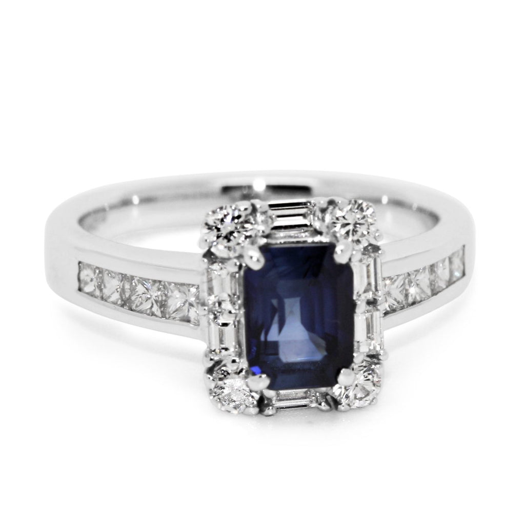 used 18ct White Gold Emerald Cut Sapphire & Diamond Ring