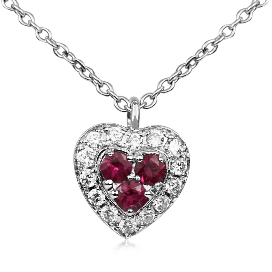 used 18ct White Gold Ruby & Diamond Heart Pendant With Necklace