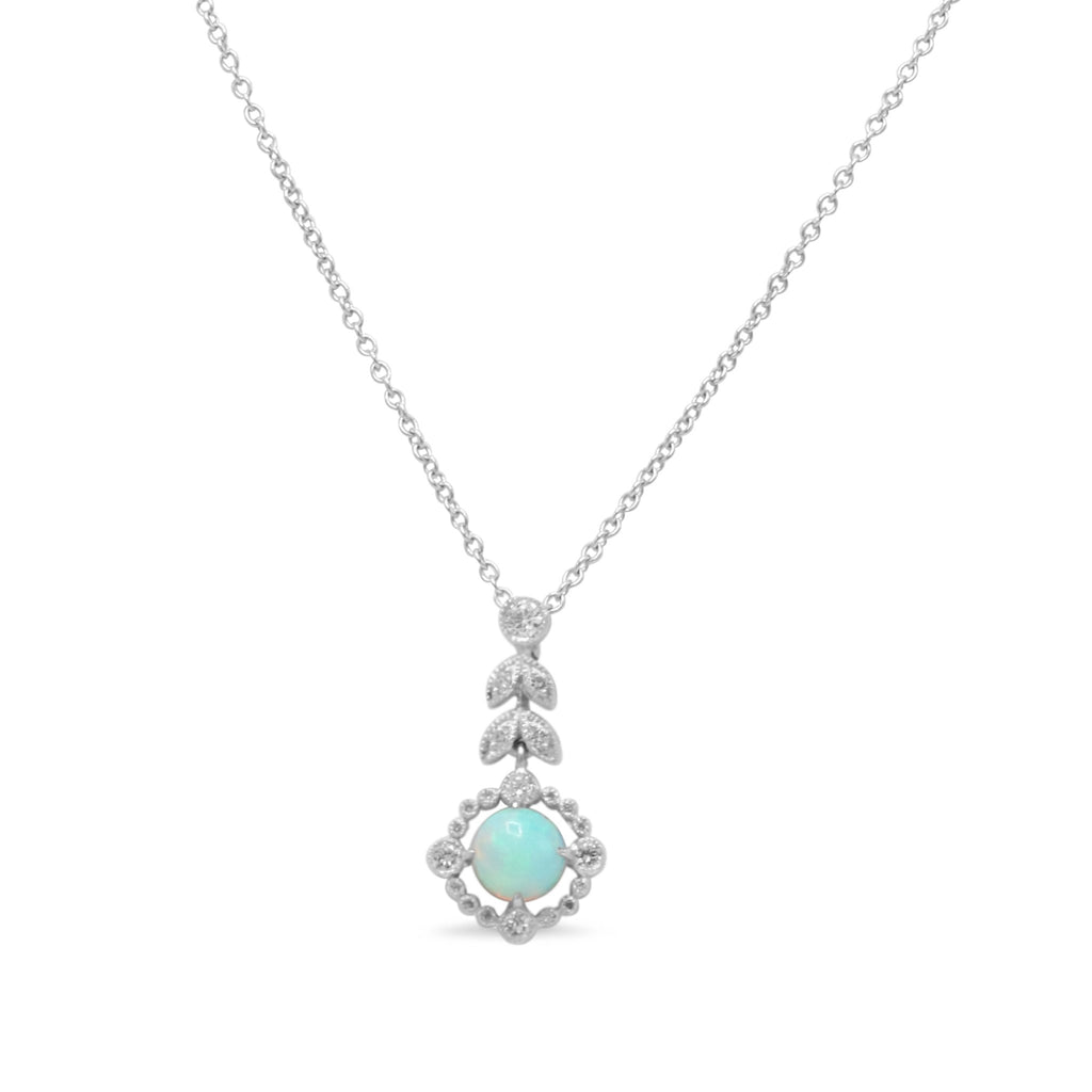 used 18ct White Gold Diamond & Opal Drop Necklace 16"-18"
