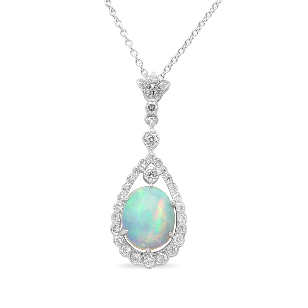 used 18ct White Gold Diamond and Opal Drop Necklace 16"-18"