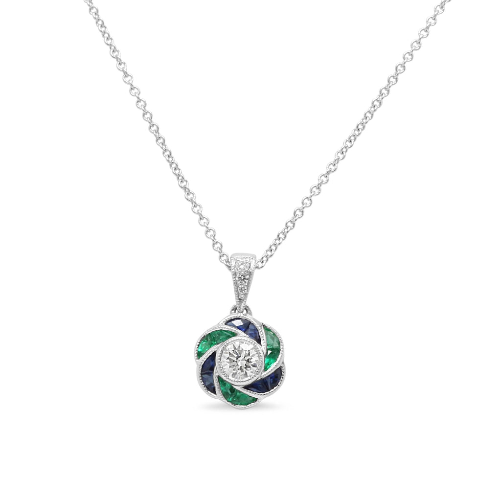 used 18ct White Gold Diamond, Emerald & Sapphire Necklace 16"-18"